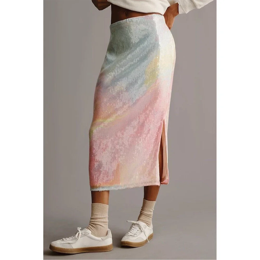 Hutch Anthropologie Rainbow Ombré Sequin Mesh Midi Slip Skirt Size M - Picture 3 of 11